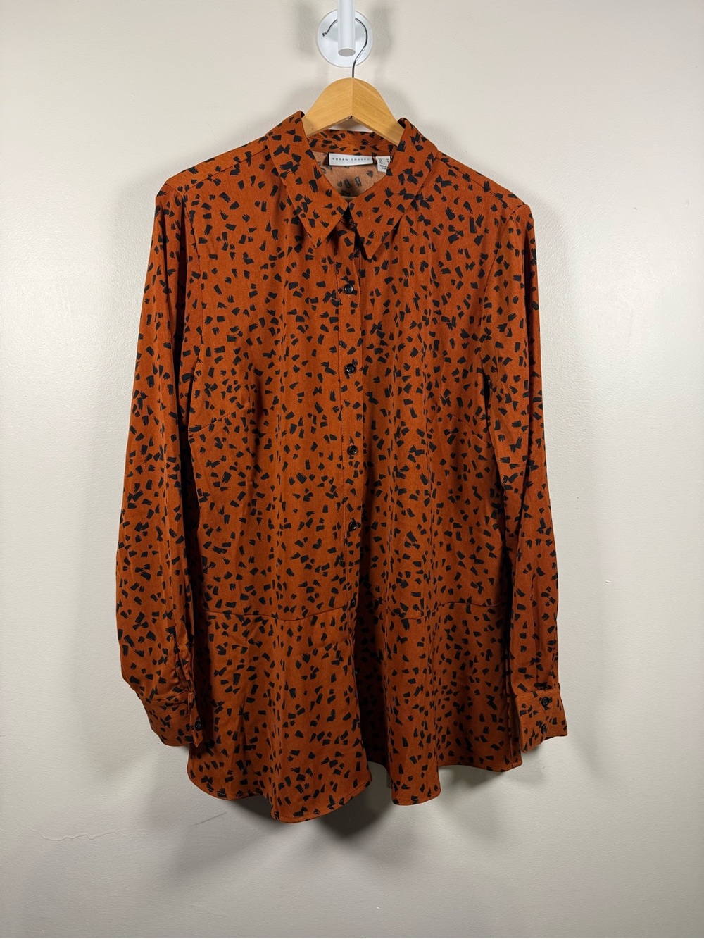 Susan Graver Rust Button-Down Shirt with Black Print